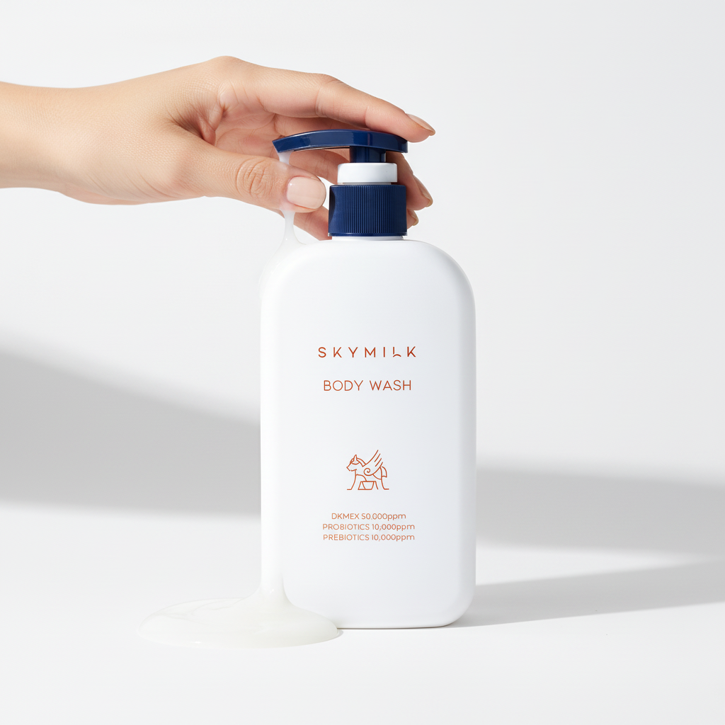 SKYMILK Body Wash – detaliu flacon, gel hidratant cu lapte de măgăriță