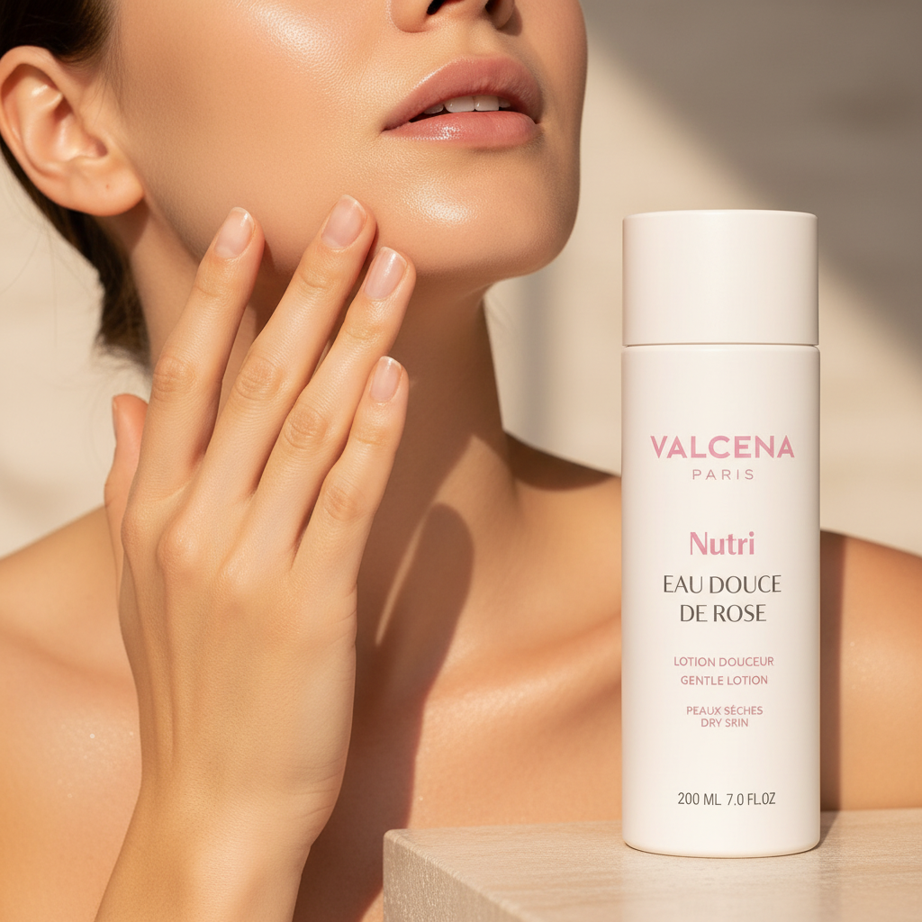 Valcena EAU DOUCE DE ROSE – aplicare loțiune cu dischetă, ritual de tonifiere