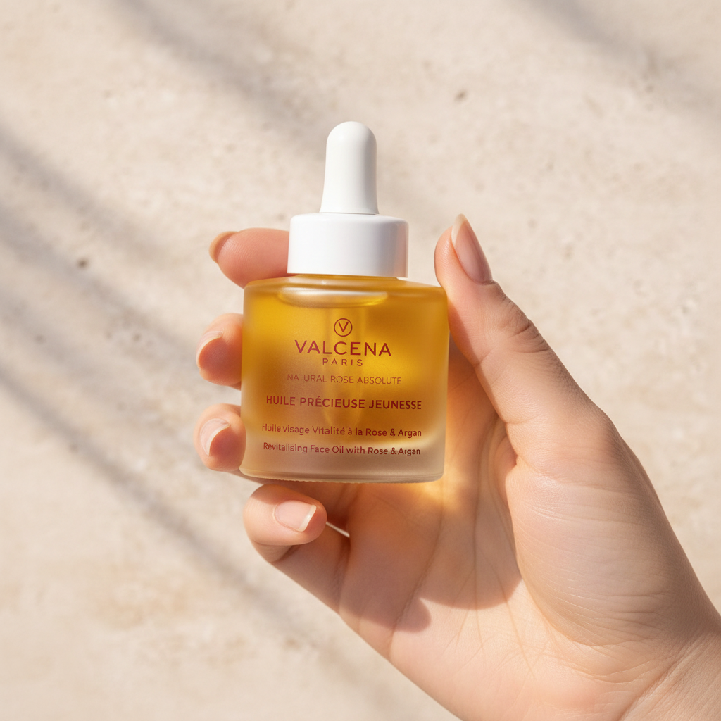 Valcena HUILE PRÉCIEUSE JEUNESSE – detaliu flacon ulei prețios cu 99,5% ingrediente naturale