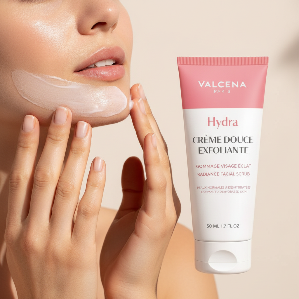 Valcena CRÈME DOUCE EXFOLIANTE – aplicare exfoliant facial, mișcări circulare blânde
