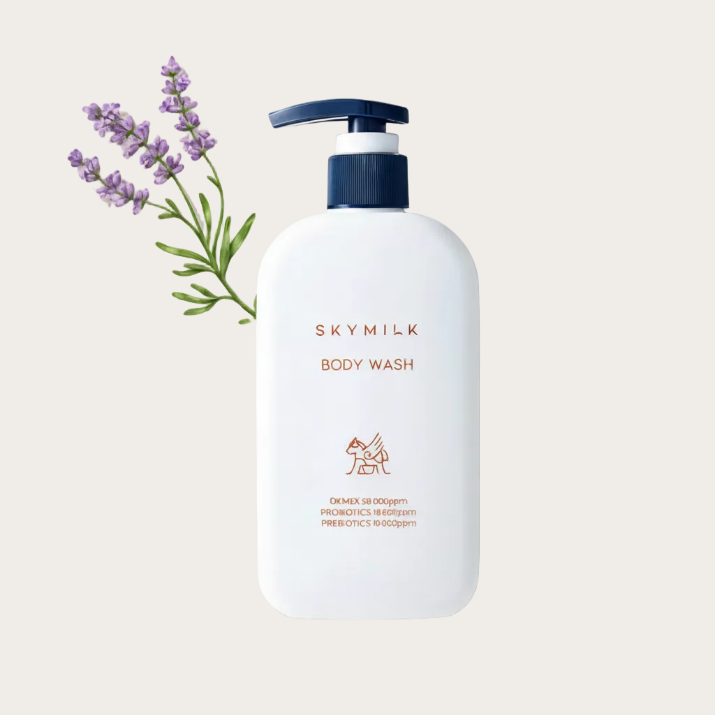 SKYMILK Body Wash cu Probiotice – gel de spălare delicat, 300ml, fundal bej