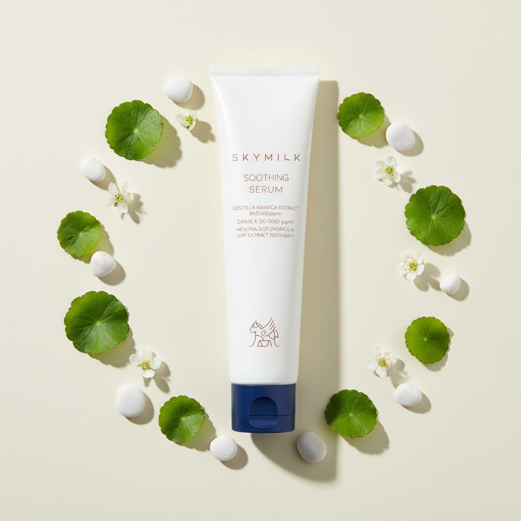 SKYMILK Soothing Serum – vedere de sus, flacon și textură