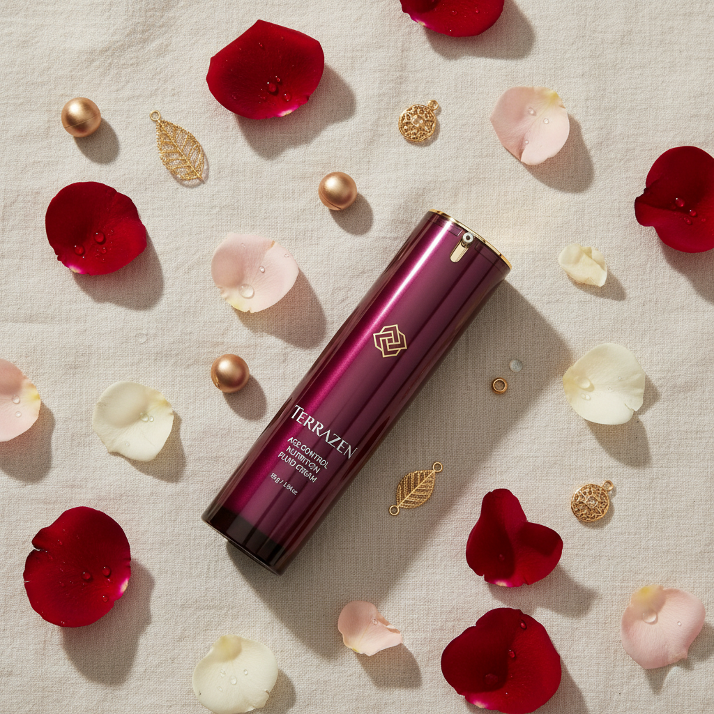 Terrazen Fluid Cream flat lay roses