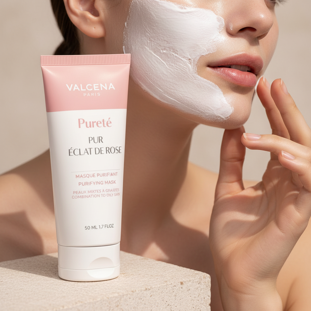 Valcena PUR ÉCLAT DE ROSE – mască purifiantă pe fundal alb, ten mixt